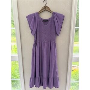 MEROKEETY Midi Dress Smocked Flutter Sleeve Purple with Pockets Size XL